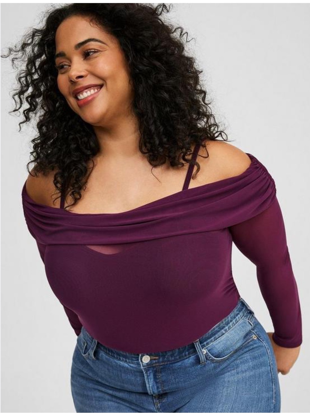 torrid Off-Shoulder Draped Long Sleeve Top in Plum